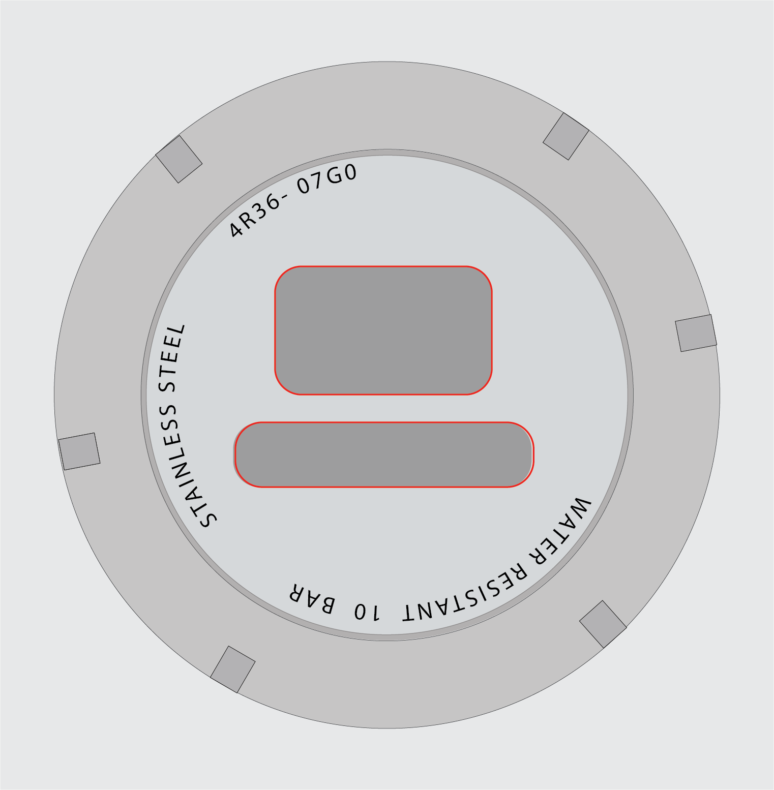 Diagrama de personalización en el cristal y movimiento del reloj